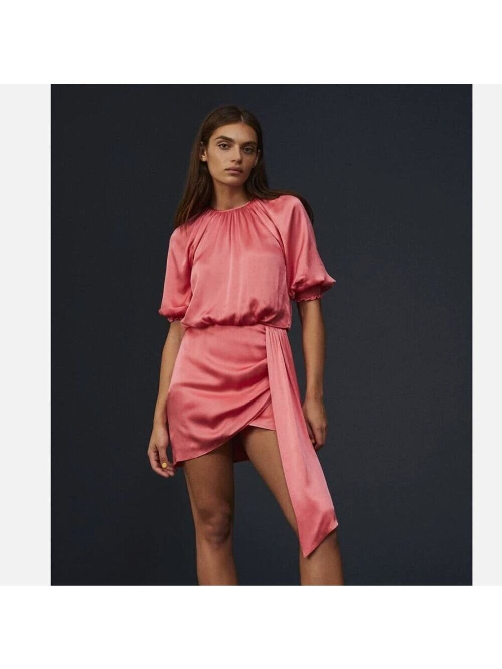 Saylor Zulu Satin Puff-Sleeve Minidress in Melon Pink